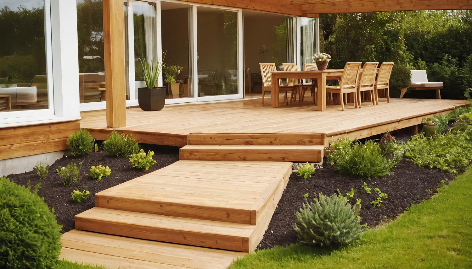 Freshly built deck scattered with furniture overlooking green garden