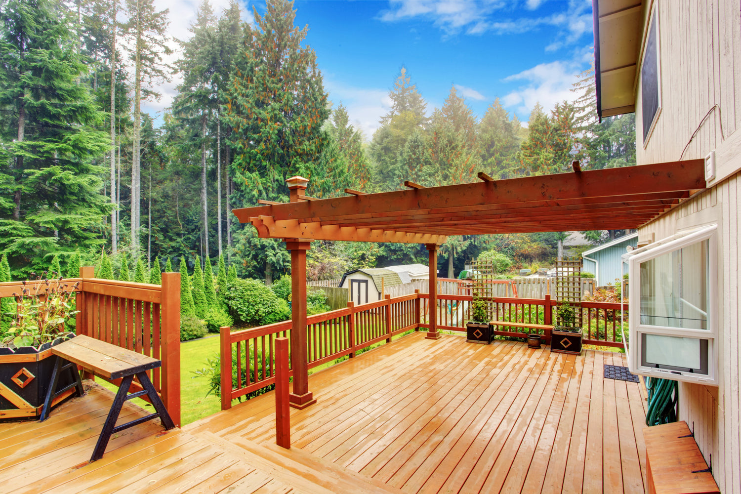 Wooden deck and pergola looking over forest