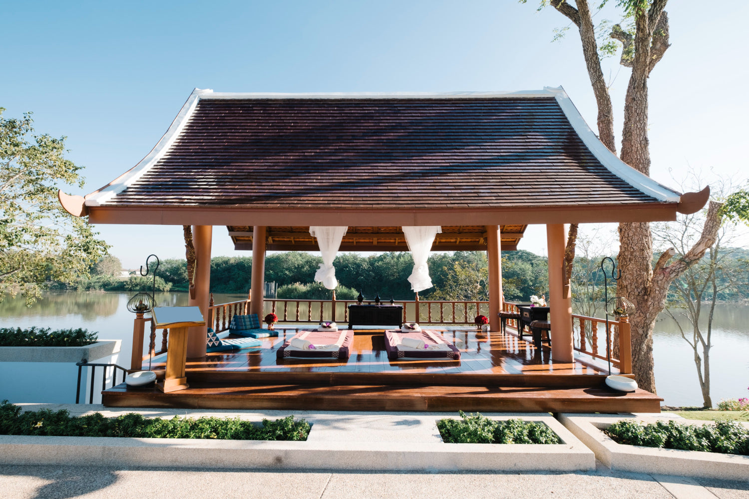 Coated wood screws used in gazebo overlooking lake